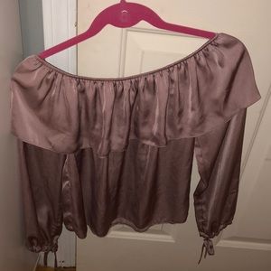 pink silk off the shoulder blouse
